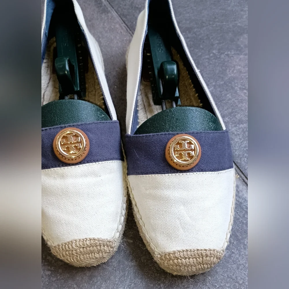 Tory Burch Canvas Espadrilles 9M Cream Navy Gold